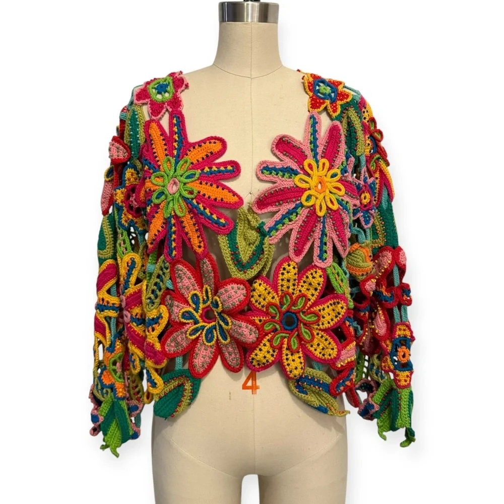 RARE Vintage MICHAEL SIMON Vibrant Multicolor Floral Crochet Beaded Cardigan - Picture 2 of 7